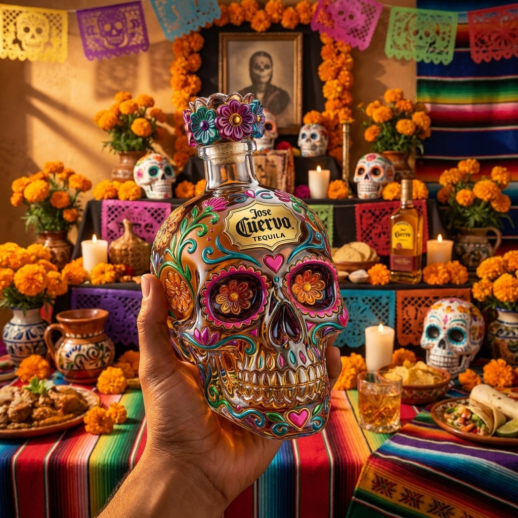 Day of the Dead Inspired Skull Tequila Bottle